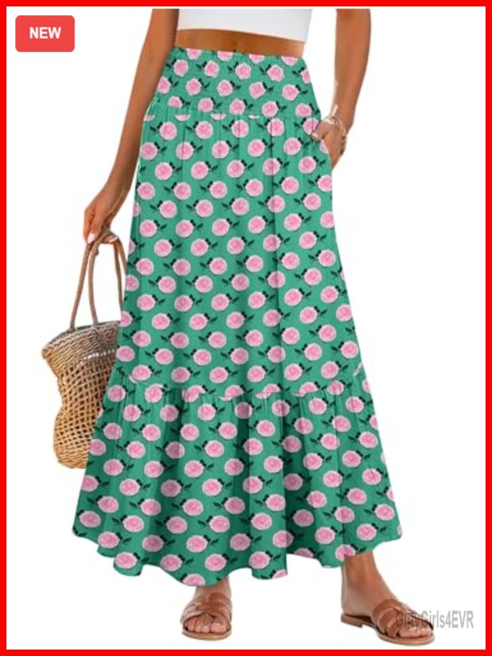 Boho Floral Maxi Skirt High Waisted Tiered Flowy Beach Vacation